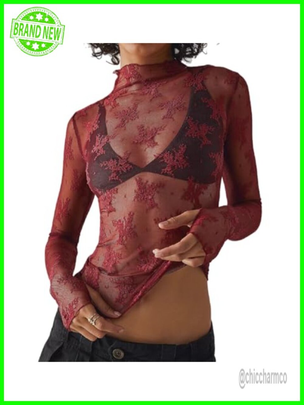 Sheer Mesh Lace Long Sleeve Mock Neck Blouse